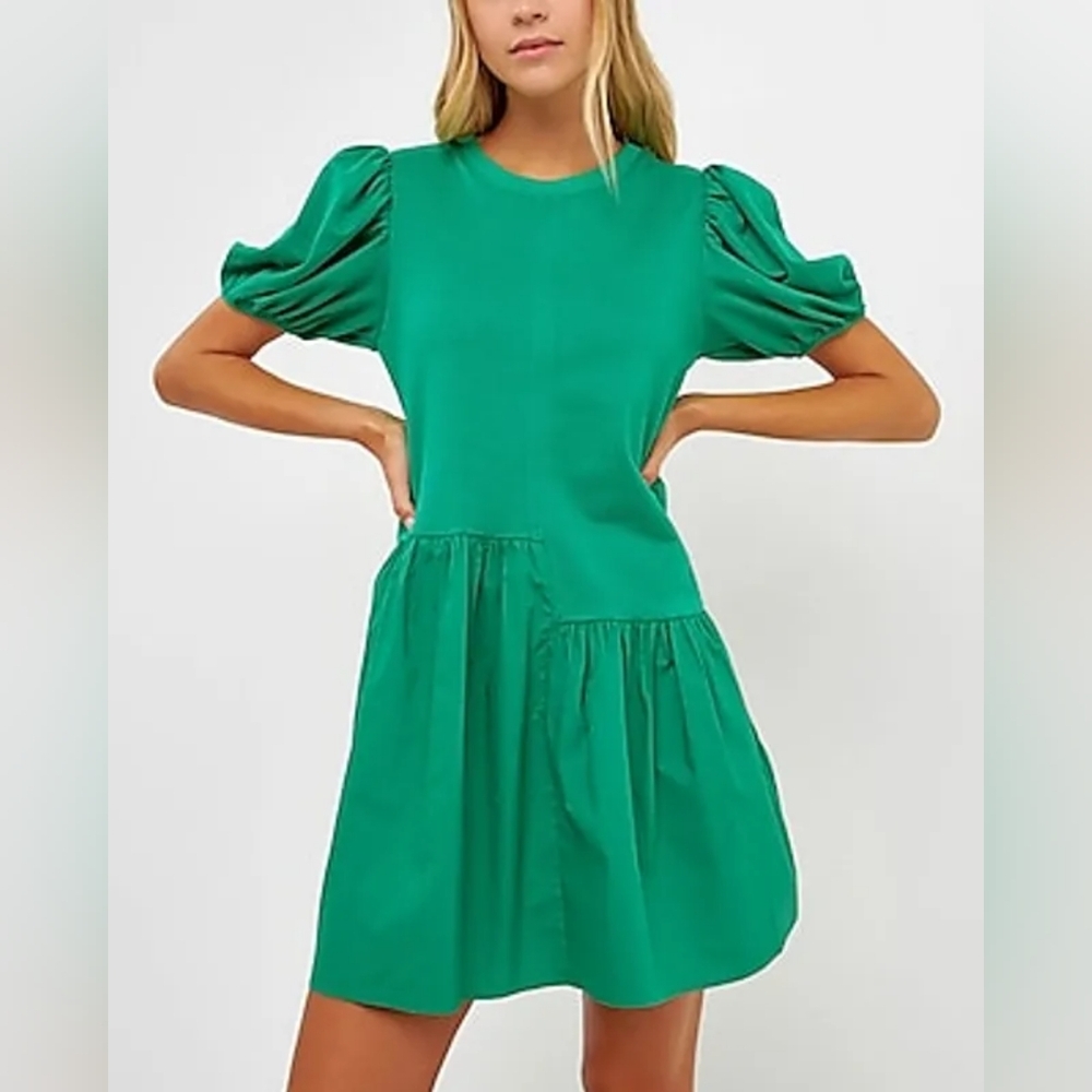 English Factory Puff Sleeve Mixed Media Mini Dress Size L Green Spring Casual